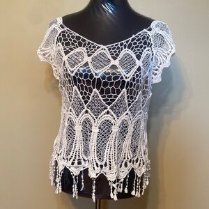 Boho Beach Chic NELLA Fantasia White Crochet Lace Fringe Top Festival Summer